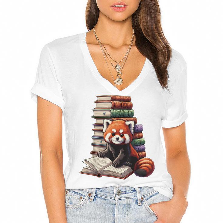 Cute Red Panda Reading Book Animal Bookworm Women's Jersey Short Sleeve Deep V-Neck Tshirt				