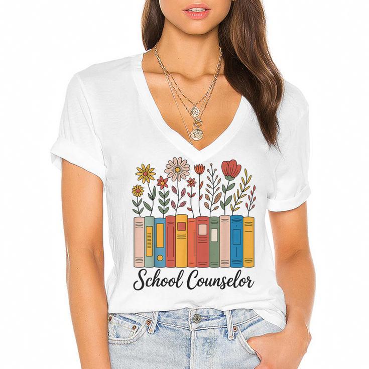 Cute Wildflower Book School Counseling Life School Counselor Women's Jersey Short Sleeve Deep V-Neck Tshirt				