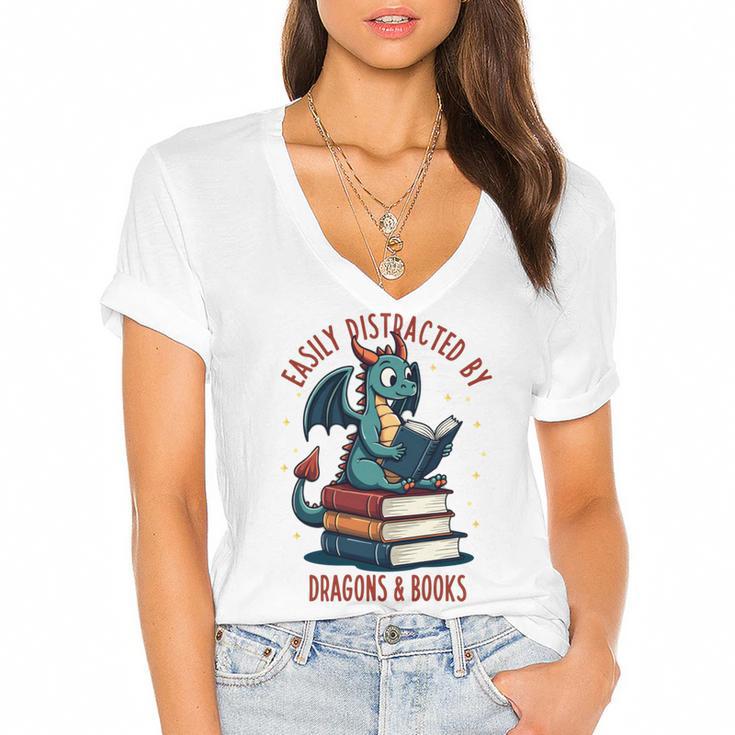 Dark Romance Romantasy Easily Distracted By Dragons & Books Women's Jersey Short Sleeve Deep V-Neck Tshirt				