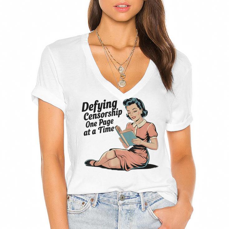 Defying Censorship One Page At a Time Read Banned Books Women's Jersey Short Sleeve Deep V-Neck Tshirt				