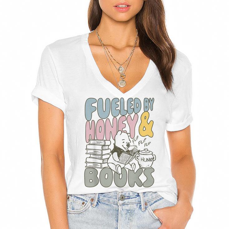 Disney Winnie The Pooh Fueled By Honey & Books Sketch Women's Jersey Short Sleeve Deep V-Neck Tshirt				