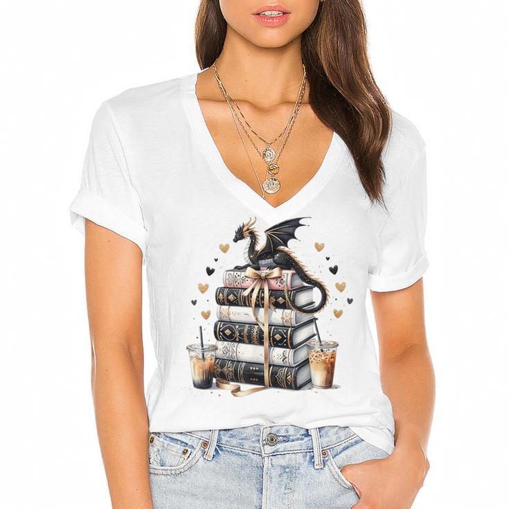 Dragon Hoard Of Books Reading Lover Cute Art Women's Jersey Short Sleeve Deep V-Neck Tshirt				