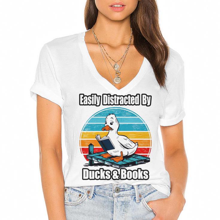 Ducks Books Lover Easily Distracted By Ducks & Books Women's Jersey Short Sleeve Deep V-Neck Tshirt				