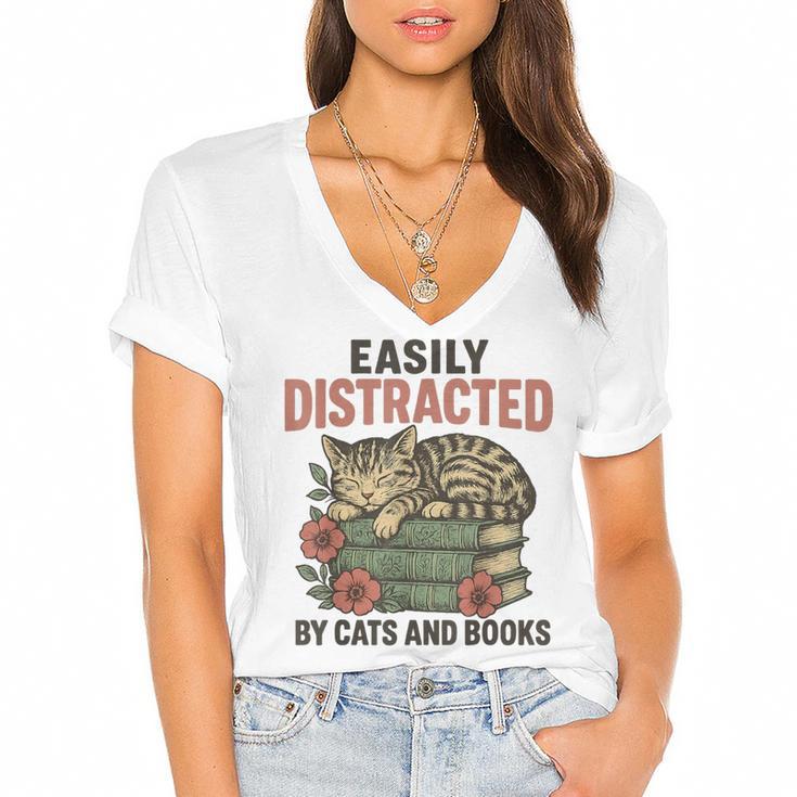 Easily Distracted By Cats And Books Vintage Women's Jersey Short Sleeve Deep V-Neck Tshirt				