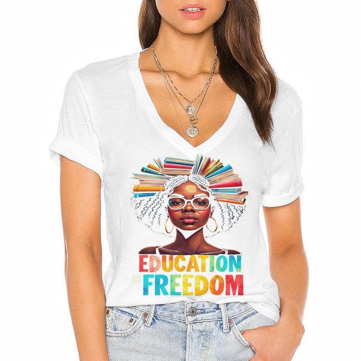Education Is Freedom Afro Books Women's Jersey Short Sleeve Deep V-Neck Tshirt				