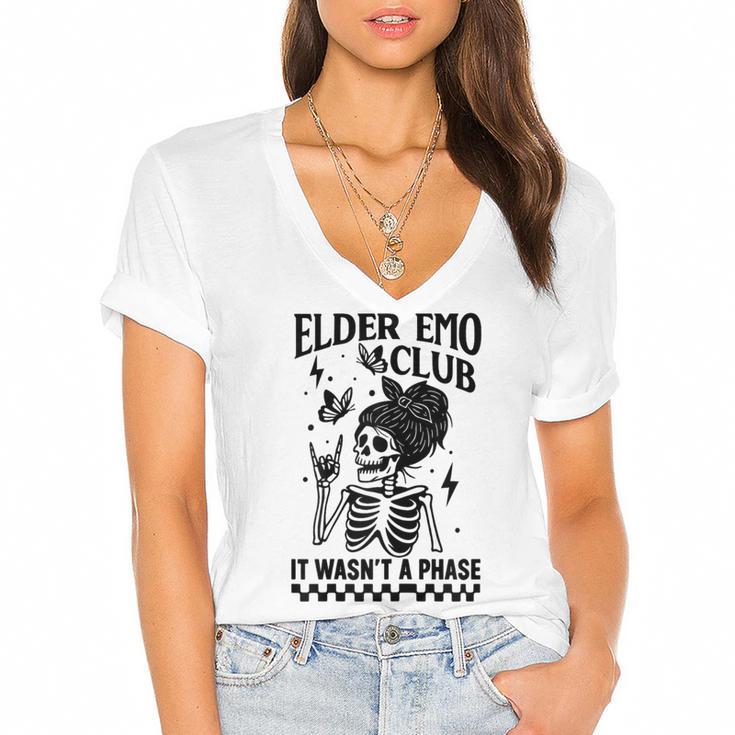 Elder Emo Club Skeleton Nostalgia It Wasn't a Phase Mom Women's Jersey Short Sleeve Deep V-Neck Tshirt