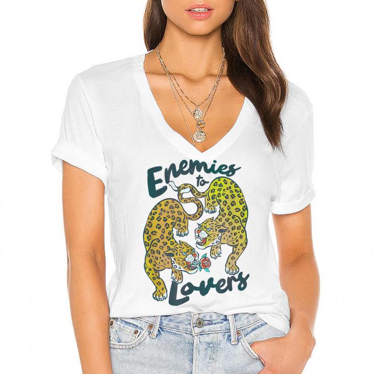 Enemies To Lovers Jaguar Tee Romance Book Plot Device Trope Women's Jersey Short Sleeve Deep V-Neck Tshirt				