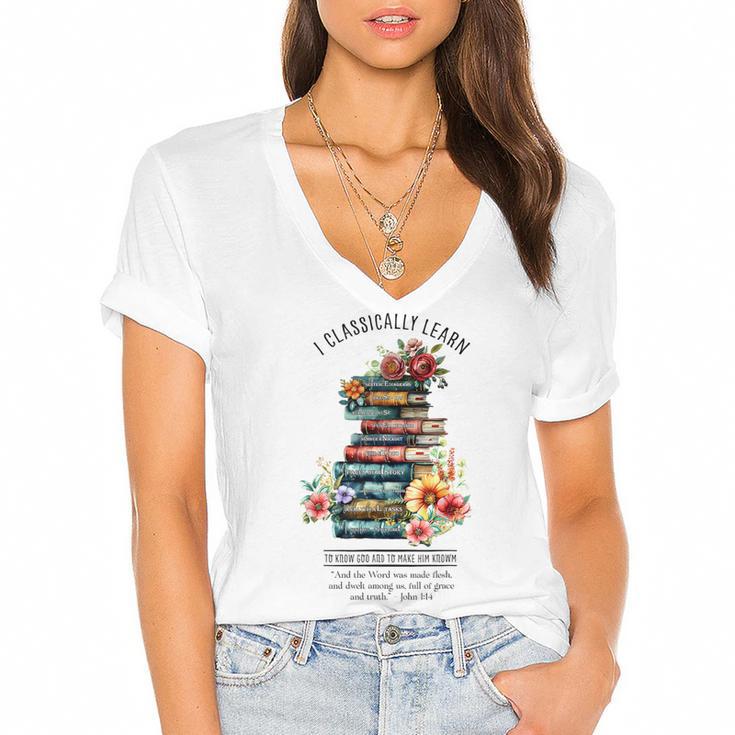 Essentials Classical Conversations CC Tutor Books Women's Jersey Short Sleeve Deep V-Neck Tshirt				