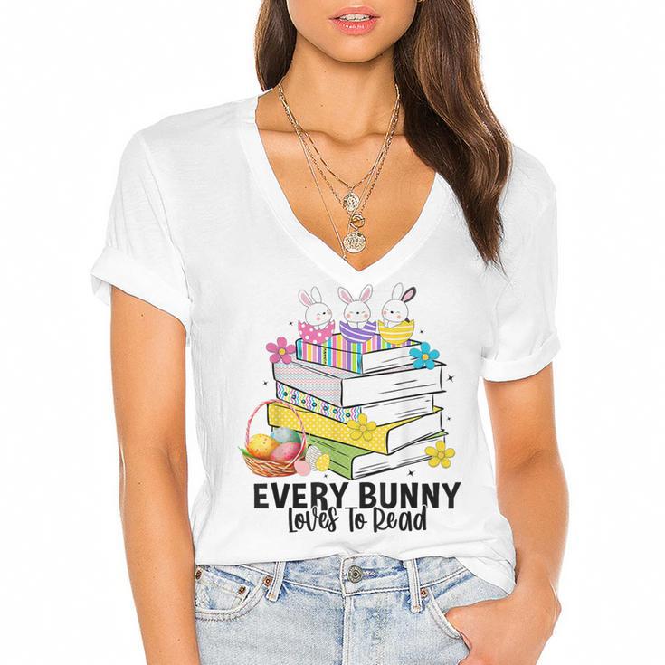 Every Bunny Loves To Read Easter Cute Reading Books Lover Women's Jersey Short Sleeve Deep V-Neck Tshirt				