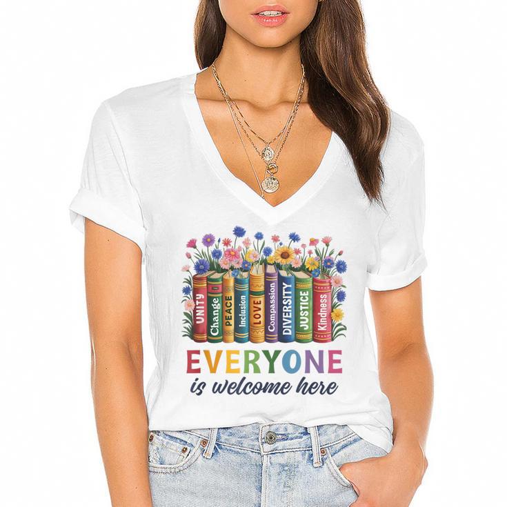 Everyone Is Welcome Here Floral Book LGBT Pride Equality Women's Jersey Short Sleeve Deep V-Neck Tshirt