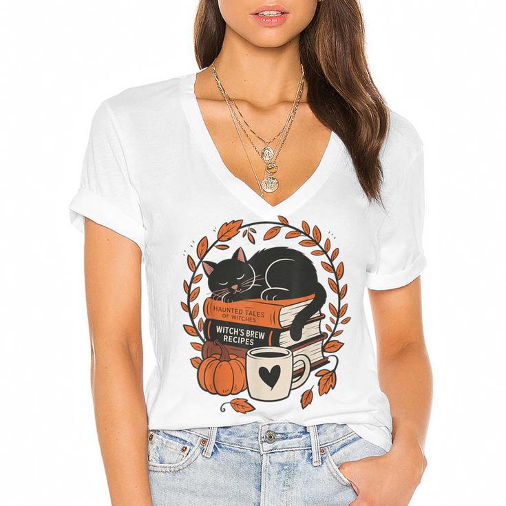 Fall Book Teacher Cat Books Halloween Autumn Librarian Women's Jersey Short Sleeve Deep V-Neck Tshirt				