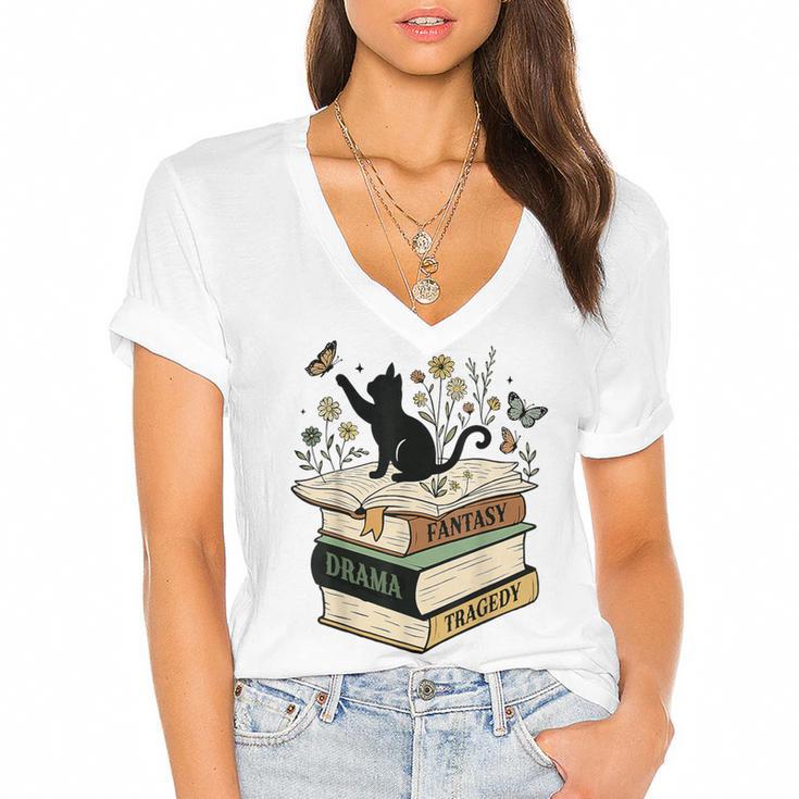 Fantasy Drama Tragedy Cat Book Lover Reading Humor Women's Jersey Short Sleeve Deep V-Neck Tshirt