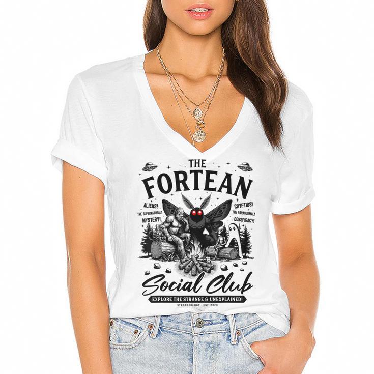 Fortean Social Club Bigfoot Mothman Alien Cryptid Introvert Women's Jersey Short Sleeve Deep V-Neck Tshirt				