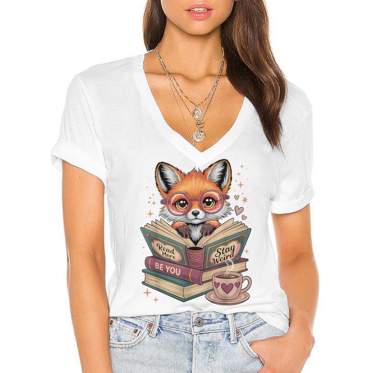 Fox Read Books Be Kind Stay Weird Reader Cute Nerd Bookworm Women's Jersey Short Sleeve Deep V-Neck Tshirt