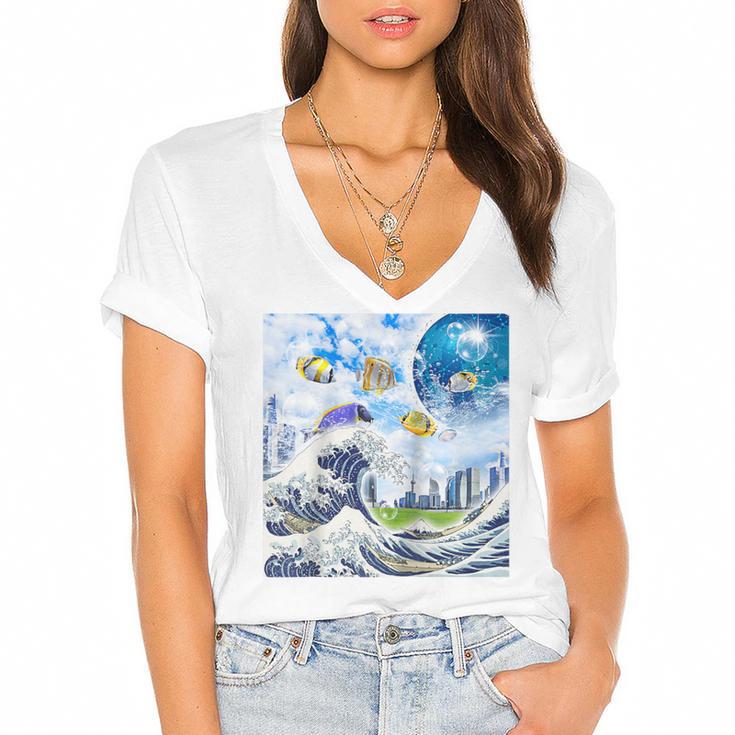 Frutiger Aero Aesthetic Tech Great Wave Of Kanagawa Fishes Raglan Baseball Tee Women's Jersey Short Sleeve Deep V-Neck Tshirt