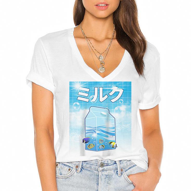 Frutiger Aero Aesthetic Tech Kawaii Milk Underwater Fishes Raglan Baseball Tee Women's Jersey Short Sleeve Deep V-Neck Tshirt				