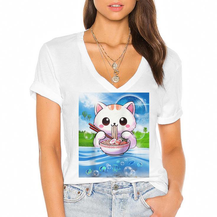 Frutiger Aero Aesthetic Tech Kawaii Ramen Cat Fishes Raglan Baseball Tee Women's Jersey Short Sleeve Deep V-Neck Tshirt				