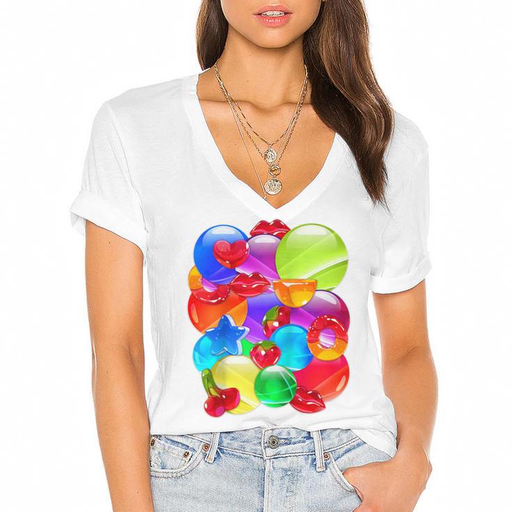 Frutiger Aero Aesthetic Tech Orb Pattern Heart Cherry Lips Raglan Baseball Tee Women's Jersey Short Sleeve Deep V-Neck Tshirt				