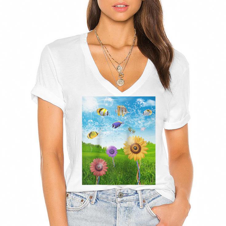 Frutiger Aero Aesthetic Tech Scenery Fishes Sunflower Raglan Baseball Tee Women's Jersey Short Sleeve Deep V-Neck Tshirt