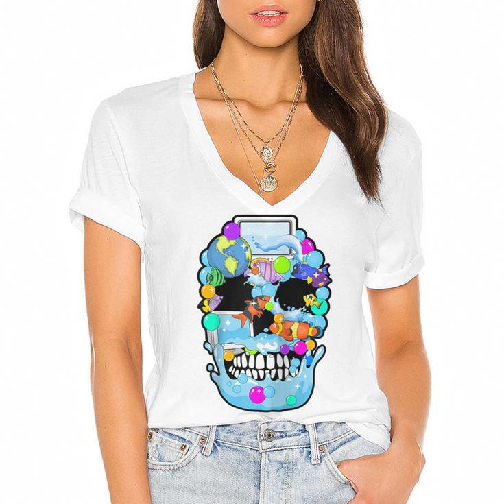 Frutiger Aero Aesthetic Tech Skull Computer Fishes Raglan Baseball Tee Women's Jersey Short Sleeve Deep V-Neck Tshirt				