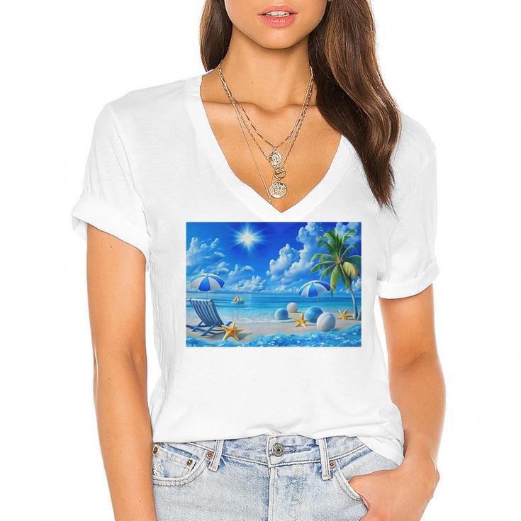 Frutiger Aero Beach Y2k Aesthetic Palm Tree Sand Ocean Premium Women's Jersey Short Sleeve Deep V-Neck Tshirt