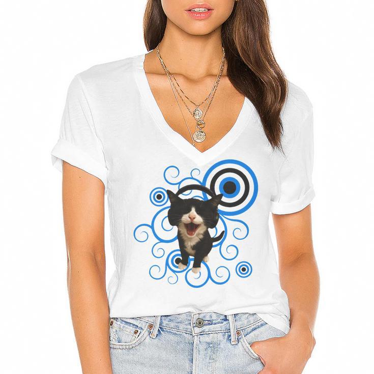 Frutiger Aero Cat Meme Headphone Kitty Cat Lover Women's Jersey Short Sleeve Deep V-Neck Tshirt