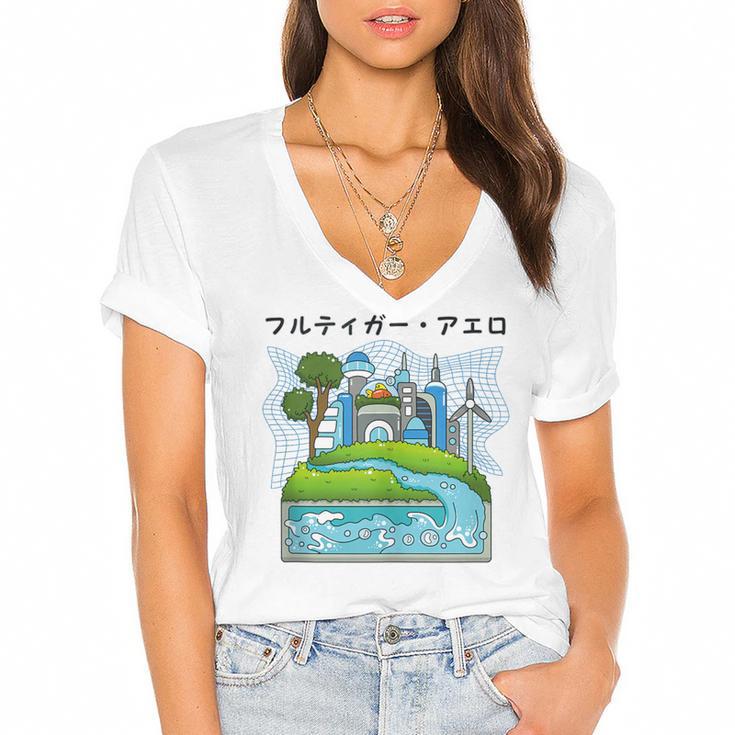 Future City Wind Power Frutiger Aero Y2K Style Ocean Women's Jersey Short Sleeve Deep V-Neck Tshirt				