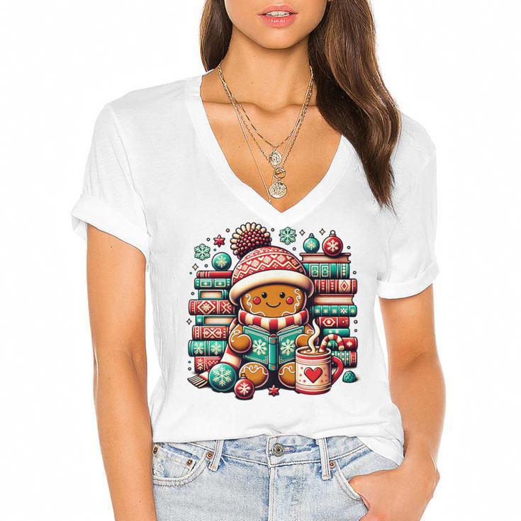 Gingerbread Reading Book Lovers Christmas Bookworm Librarian Premium Women's Jersey Short Sleeve Deep V-Neck Tshirt				