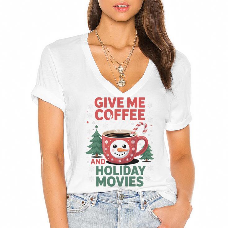 Give Me Coffee And Holiday Movies Introvert Christmas Women's Jersey Short Sleeve Deep V-Neck Tshirt				