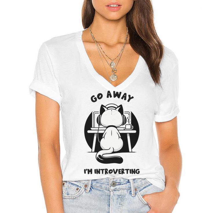 Go Away I'm Introverting Cat With Coffee Women's Jersey Short Sleeve Deep V-Neck Tshirt