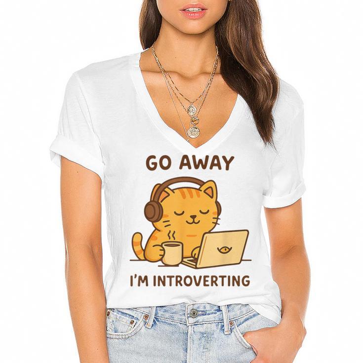 Go Away I'm Introverting Cozy Cat With Laptop And Coffee Women's Jersey Short Sleeve Deep V-Neck Tshirt