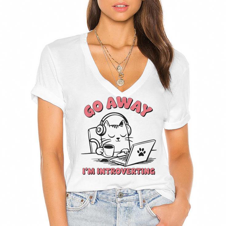 Go Away I´m Introverting Stay Home Socially Awkward Women's Jersey Short Sleeve Deep V-Neck Tshirt				