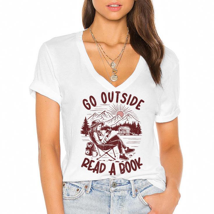 Go Outside Read a Book Vintage Bibliophiles Women's Jersey Short Sleeve Deep V-Neck Tshirt				