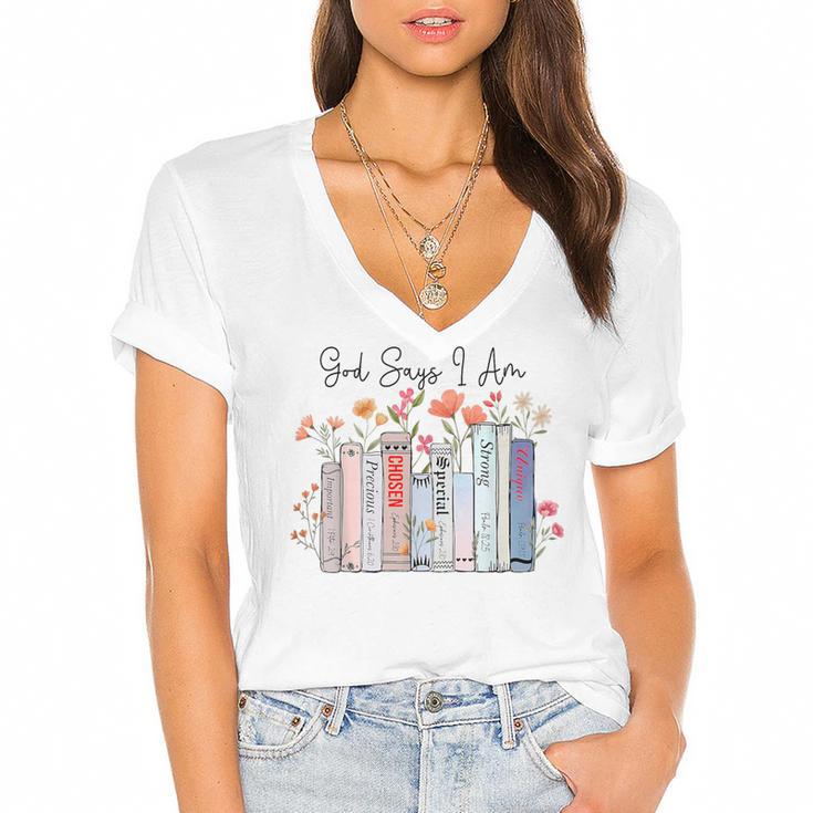 God Says I Am Book Bible Verse Christian Girls Women Women's Jersey Short Sleeve Deep V-Neck Tshirt