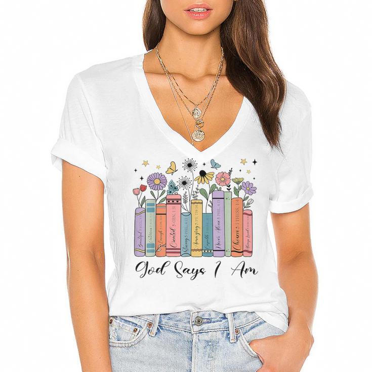 God Says I Am Floral Book Cute Christian Girl Teen Religious Women's Jersey Short Sleeve Deep V-Neck Tshirt				