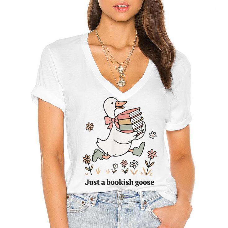 Goose With Books Cute Bookworm Reader Women's Jersey Short Sleeve Deep V-Neck Tshirt Goose With Books Cute Bookworm Reader Women's Jersey Short Sleeve Deep V-Neck Tshirt