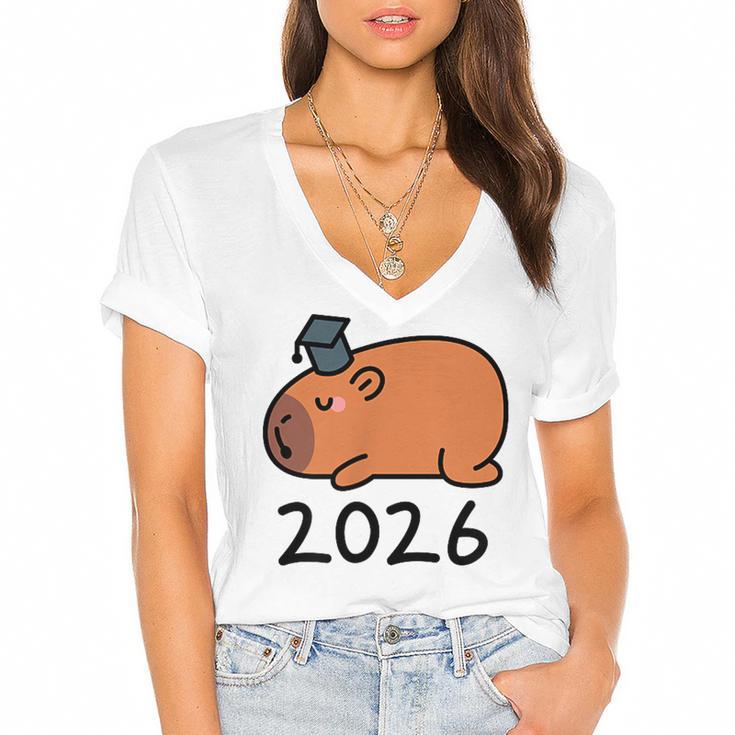 Grad Class Of 2026 Capybara Graduation Graduated Kids Women's Jersey Short Sleeve Deep V-Neck Tshirt				