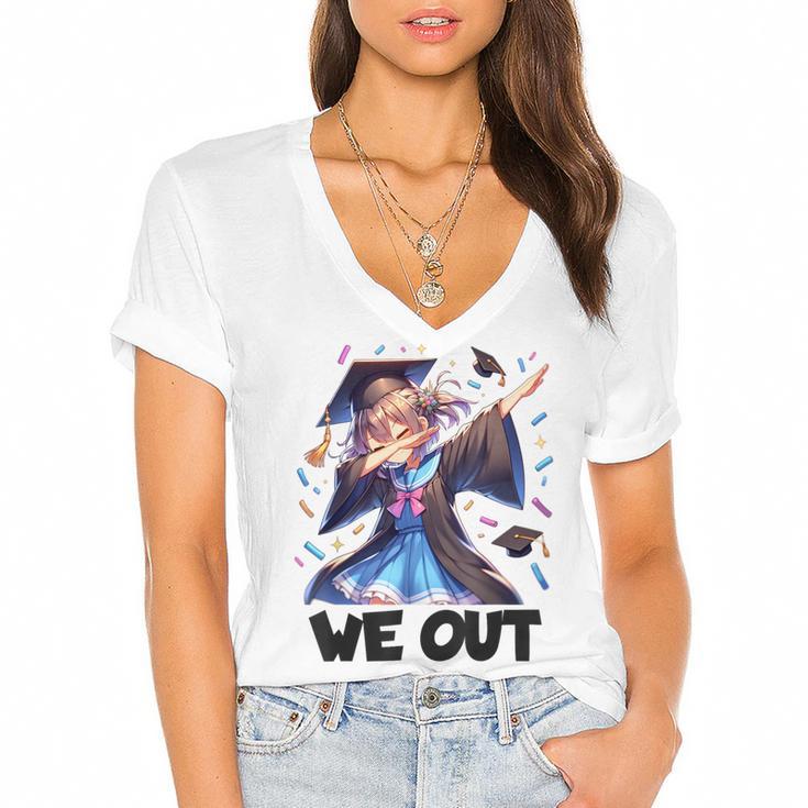 We Out Graduate Dabbing Anime Girl Grad Graduation Women's Jersey Short Sleeve Deep V-Neck Tshirt				