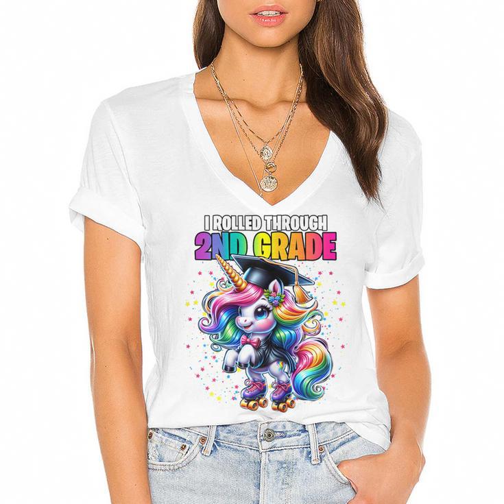 Graduation 2nd Grade Unicorn Roller Skate Girls Grad Women's Jersey Short Sleeve Deep V-Neck Tshirt				
