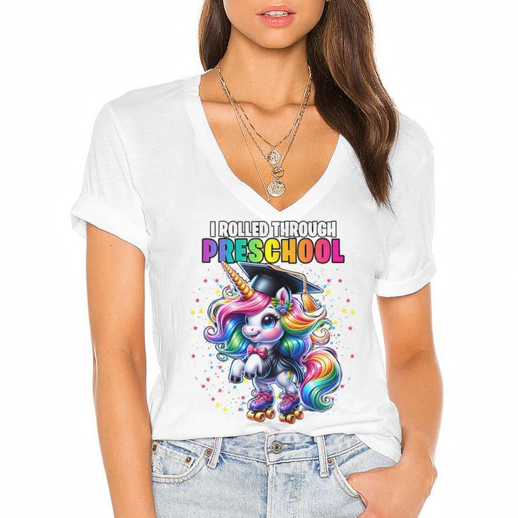 Graduation Preschool Unicorn Roller Skate Girls Pre-K Grad Women's Jersey Short Sleeve Deep V-Neck Tshirt				