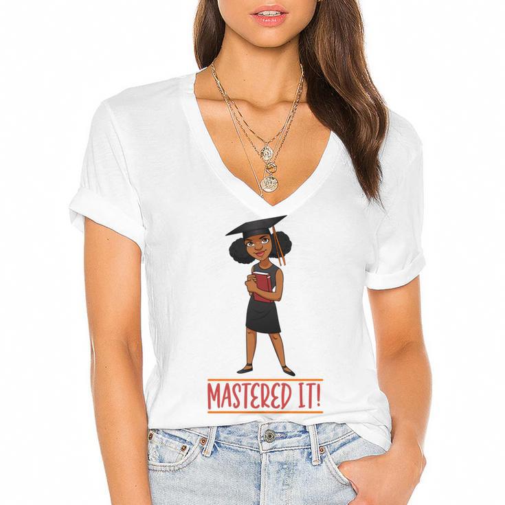 Graduation Woman Tshirt Black Melanin Masters Degree Women's Jersey Short Sleeve Deep V-Neck Tshirt				