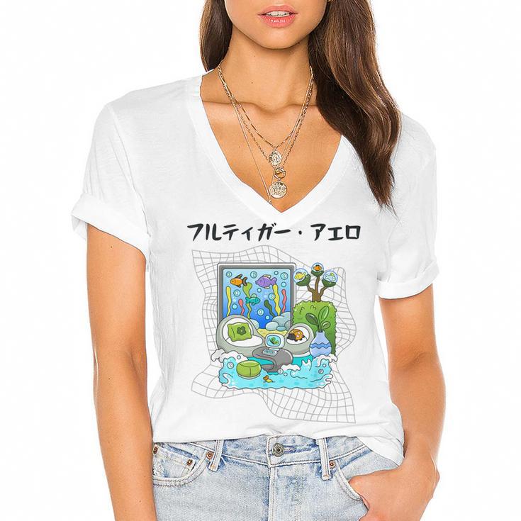 Grass Fun UI UX Er Computer Retro Fish Frutiger Aero Women's Jersey Short Sleeve Deep V-Neck Tshirt
