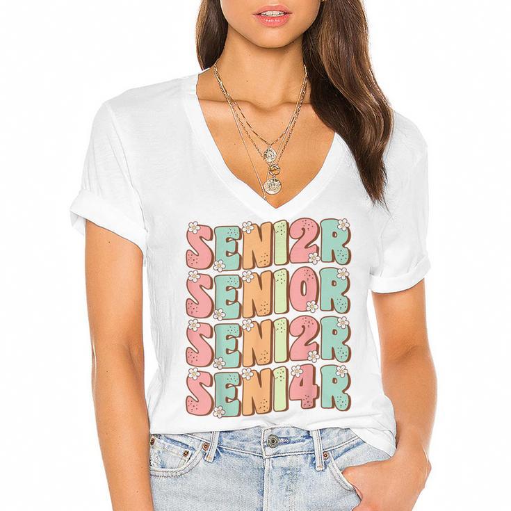 Groovy Senior Graduation Cute Groovy Senior Class Of 2024 Women's Jersey Short Sleeve Deep V-Neck Tshirt				