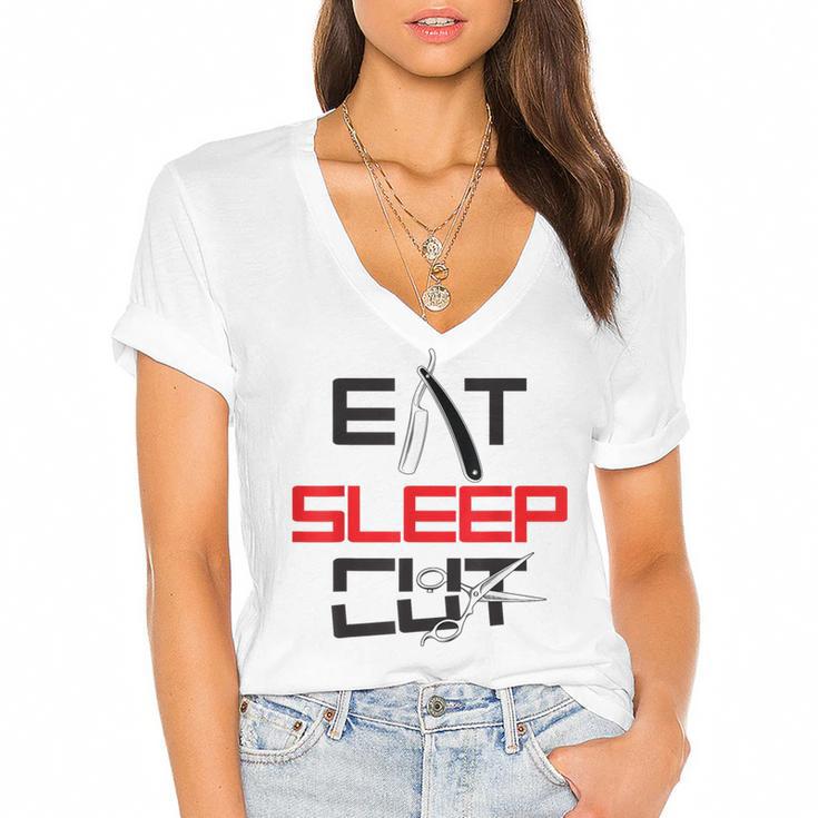 Haircutter Barber Eat Sleep Cut Barbering Graduation Women's Jersey Short Sleeve Deep V-Neck Tshirt				