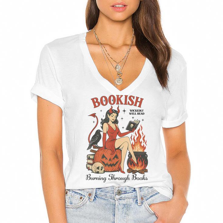 Halloween Bookish Witchy Book Club Hot Girls Read Women's Jersey Short Sleeve Deep V-Neck Tshirt				