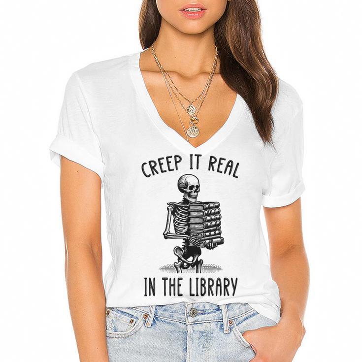 Halloween Skeleton Pun Book Lover Library Joke Women's Jersey Short Sleeve Deep V-Neck Tshirt