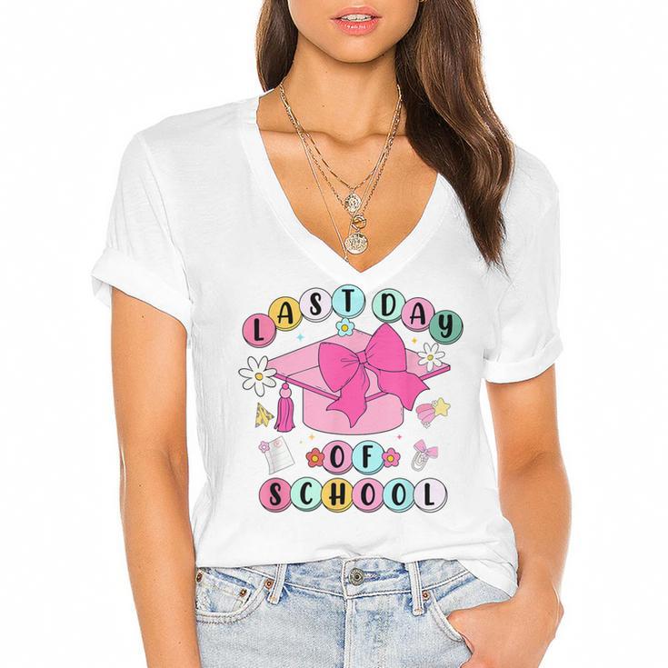 Happy Last Day Of School Coquette Bow Graduation Girls Kids Women's Jersey Short Sleeve Deep V-Neck Tshirt				