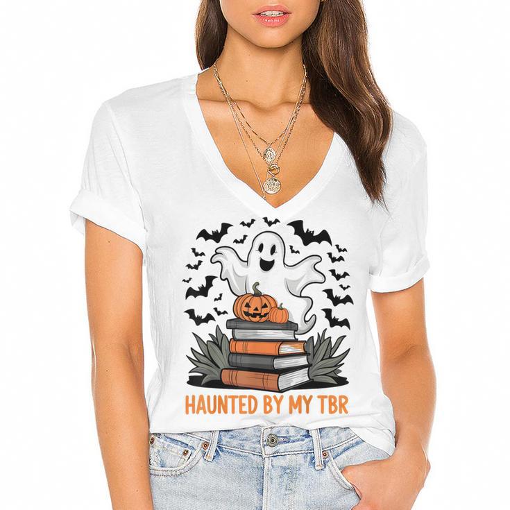 Haunted By My TBR Boo Halloween Book Lover Librarian Women's Jersey Short Sleeve Deep V-Neck Tshirt				