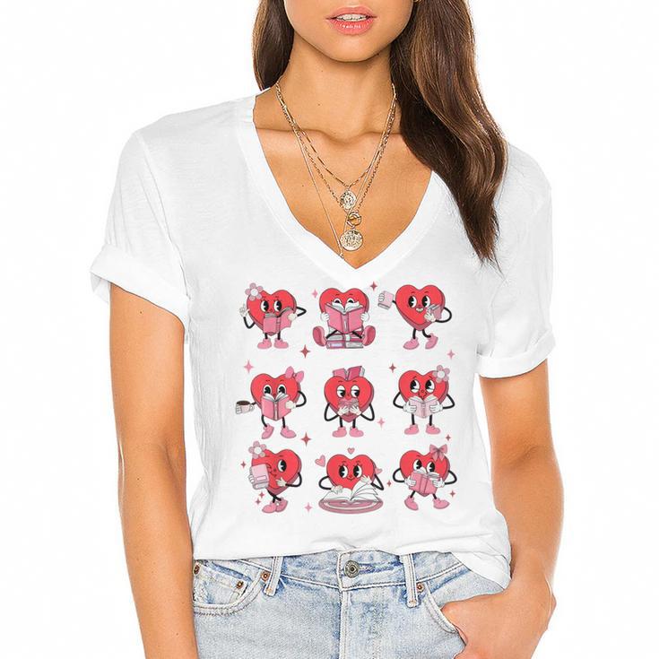 Heart Holding Reading Books Valentine Teacher Book Lover Women's Jersey Short Sleeve Deep V-Neck Tshirt				