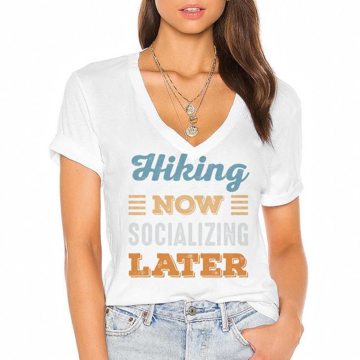Hiking Now Minimal Socializing Introvert Vintage Women's Jersey Short Sleeve Deep V-Neck Tshirt
